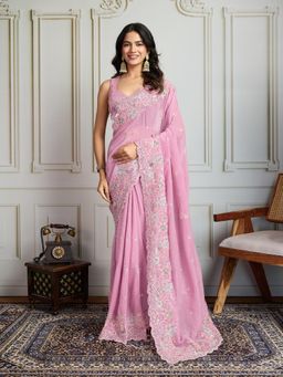 Lush Glam - Women Pink Embroidered Saree with Unstitched Blouse