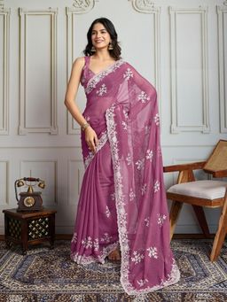 Lush Glam - Women Pink Embroidered Saree with Unstitched Blouse