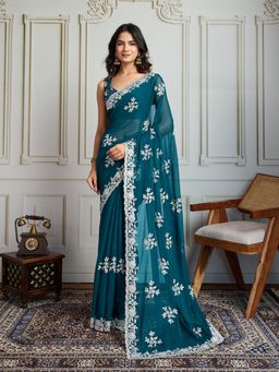 Lush Glam - Women Teal Embroidered Saree with Unstitched Blouse