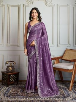 Lush Glam - Women Purple Embroidered Saree with Unstitched Blouse
