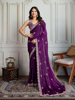 Lush Glam - Women Purple Embroidered Saree with Unstitched Blouse