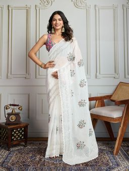Lush Glam - Women White Floral Saree with Unstitched Blouse