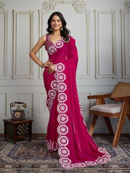 Lush Glam - Women Pink Embroidered Saree with Unstitched Blouse