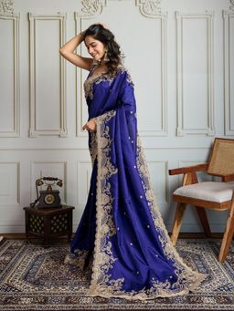 Lush Glam - Women Blue Embroidered Saree with Unstitched Blouse