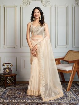 Lush Glam - Women Cream Embroidered Saree with Unstitched Blouse