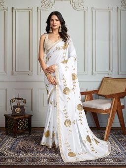 Lush Glam - Women White Embroidered Saree with Unstitched Blouse