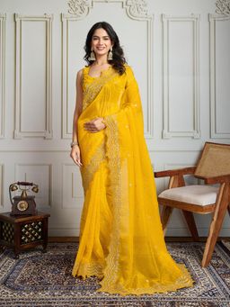 Lush Glam - Women Yellow Embroidered Saree with Unstitched Blouse