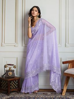 Lush Glam - Women Lavender Embroidered Saree with Unstitched Blouse