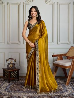 Lush Glam - Women Mustard Embroidered Saree with Unstitched Blouse