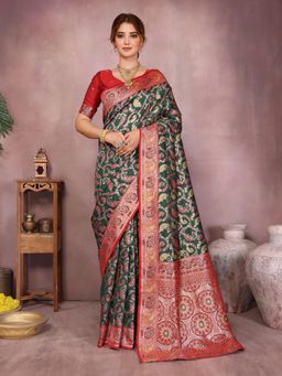 Varanga - Women Green Silk Blend Paisley Saree with Unstitched Blouse