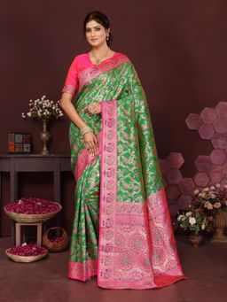 Varanga - Women Green Silk Blend Paisley Saree with Unstitched Blouse