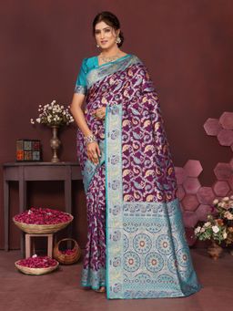 Varanga - Women Purple Silk Blend Paisley Saree with Unstitched Blouse