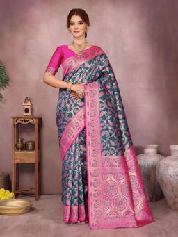 Varanga - Women Teal Silk Blend Paisley Saree with Unstitched Blouse