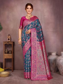 Varanga - Women Teal Silk Blend Paisley Saree with Unstitched Blouse