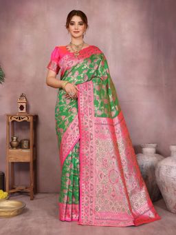 Varanga - Women Green Silk Blend Paisley Saree with Unstitched Blouse