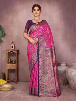 Varanga - Women Pink Silk Blend Paisley Saree with Unstitched Blouse