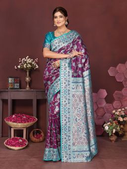 Varanga - Women Purple Silk Blend Paisley Saree with Unstitched Blouse