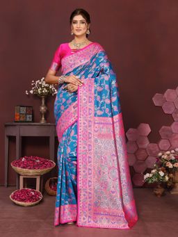 Varanga - Women Blue Silk Blend Paisley Saree with Unstitched Blouse