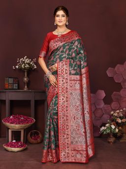 Varanga - Women Green Silk Blend Paisley Saree with Unstitched Blouse