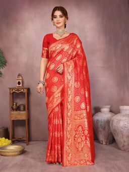 Varanga - Women Orange Silk Blend Floral Saree with Unstitched Blouse