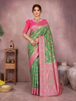 Varanga - Women Green Silk Blend Paisley Saree with Unstitched Blouse