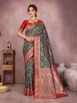 Varanga - Women Green Silk Blend Paisley Saree with Unstitched Blouse