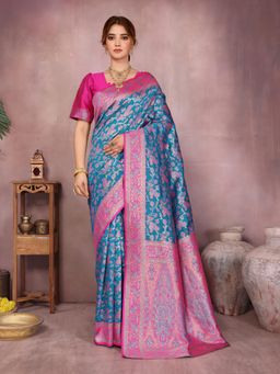 Varanga - Women Blue Silk Blend Paisley Saree with Unstitched Blouse