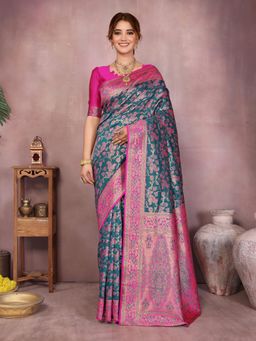 Varanga - Women Teal Silk Blend Paisley Saree with Unstitched Blouse