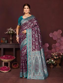 Varanga - Women Purple Silk Blend Paisley Saree with Unstitched Blouse
