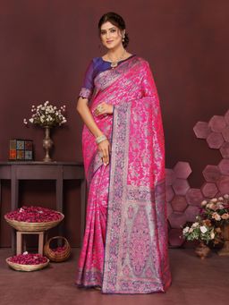 Varanga - Women Pink Silk Blend Paisley Saree with Unstitched Blouse
