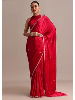 KALKI FASHION - Women Red Satin Embroidered Saree with Unstitched Blouse