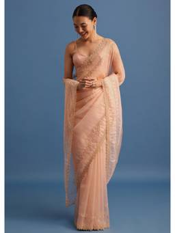 KALKI FASHION - Women Peach Tissue Embellished Saree with Unstitched Blouse