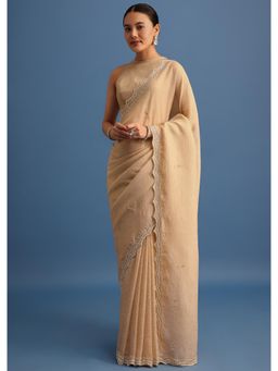 KALKI FASHION - Women Beige Tissue Embellished Saree with Unstitched Blouse
