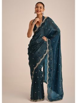 KALKI FASHION - Women Teal Tissue Embellished Saree with Unstitched Blouse