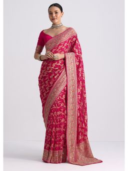 KALKI FASHION - Women Pink Georgette Woven Saree with Unstitched Blouse
