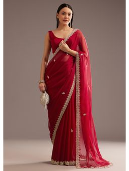 KALKI FASHION - Women Red Organza Embellished Saree with Unstitched Blouse