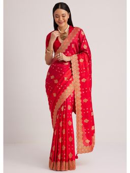 KALKI FASHION - Women Red Silk Woven Saree with Unstitched Blouse