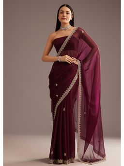 KALKI FASHION - Women Wine Organza Embellished Saree with Unstitched Blouse