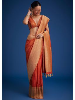 KALKI FASHION - Women Orange Silk Woven Saree with Unstitched Blouse