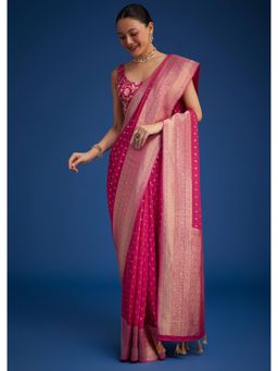 KALKI FASHION - Women Pink Silk Woven Saree with Unstitched Blouse