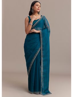 KALKI FASHION - Women Blue Organza Embellished Saree with Unstitched Blouse