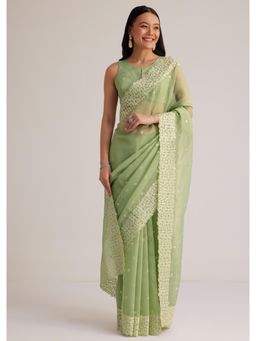 KALKI FASHION - Women Green Tissue Embellished Saree with Unstitched Blouse