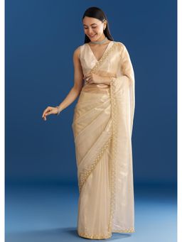 KALKI FASHION - Women Beige Organza Embellished Saree with Unstitched Blouse