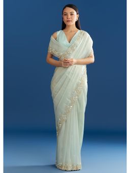 KALKI FASHION - Women Blue Organza Embellished Saree with Unstitched Blouse