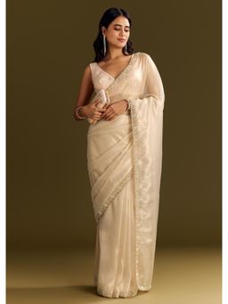 KALKI FASHION - Women Beige Organza Embellished Saree with Unstitched Blouse