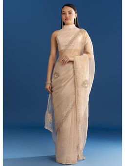 KALKI FASHION - Women Beige Organza Embellished Saree with Unstitched Blouse