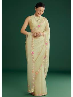 KALKI FASHION - Women Green Tissue Embellished Saree with Unstitched Blouse
