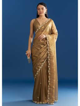 KALKI FASHION - Women Brown Organza Embellished Saree with Unstitched Blouse