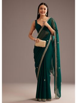 KALKI FASHION - Women Green Organza Embellished Saree with Unstitched Blouse