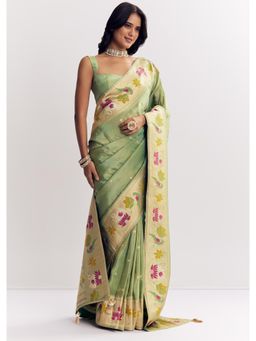 KALKI FASHION - Women Green Silk Woven Saree with Unstitched Blouse
